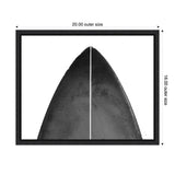 Top view of a minimalist black surfboard nose with a subtle central white line on a white background, framed in black with 20x16 inch outer dimensions.