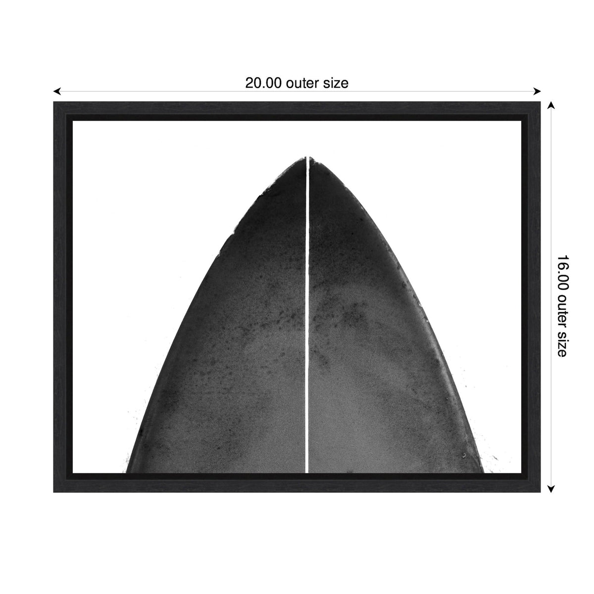 Top view of a minimalist black surfboard nose with a subtle central white line on a white background, framed in black with 20x16 inch outer dimensions.