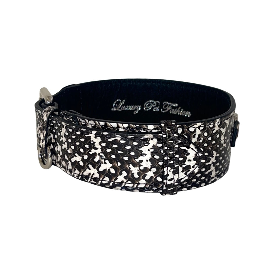 Black and white snake-patterned leather dog collar with silver buckle and stitching details, shown on a white background.