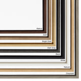 Square canvas frames in a stepped layout showing ten finishes: walnut, gold, bright gold, dark gray, black, white, natural, and graywash with distinct wood and metal tones.