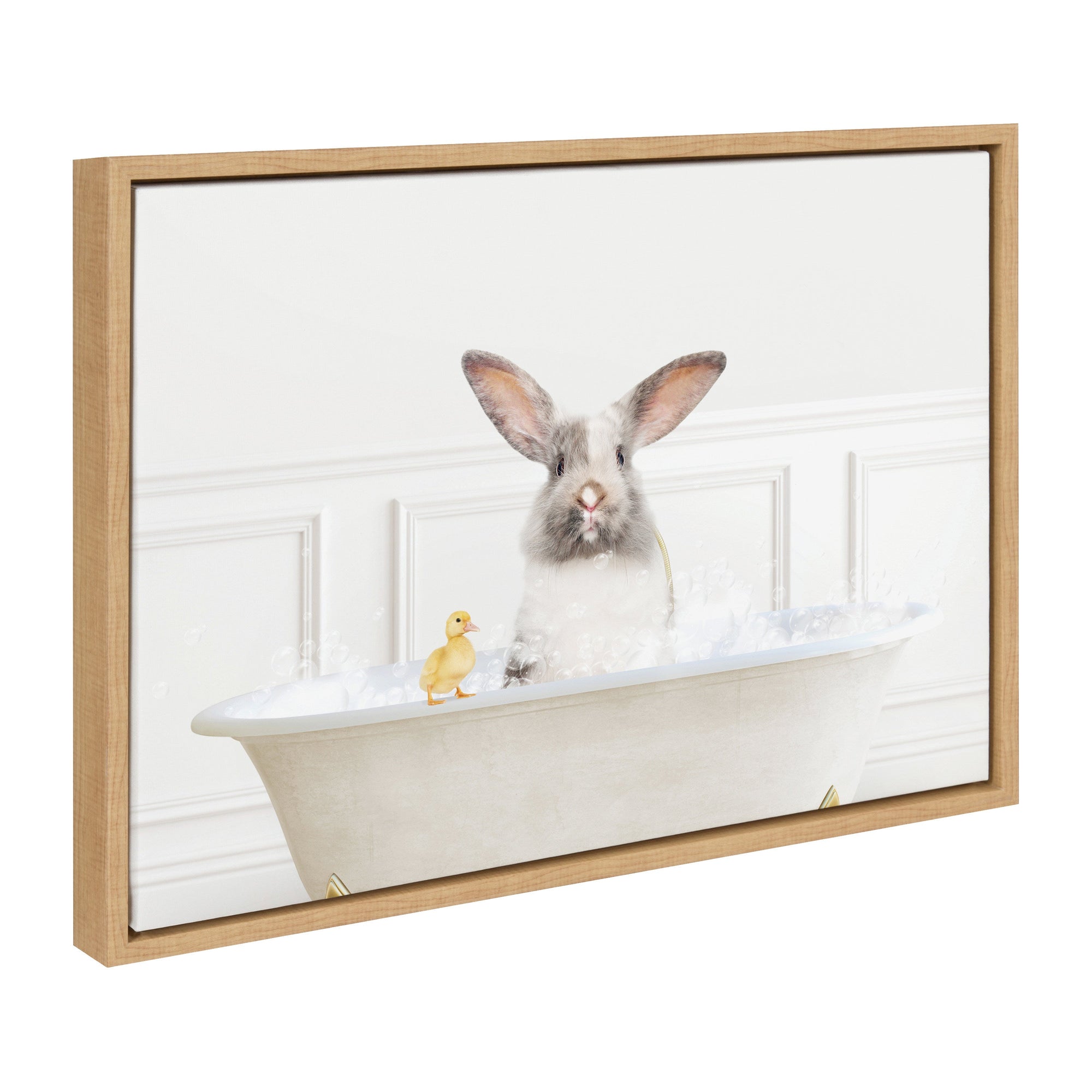 Framed canvas art depicting Sylvie Bunny in a bubble bath in a neutral color palette