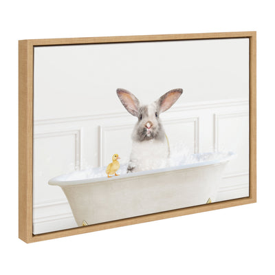 Framed canvas art depicting Sylvie Bunny in a bubble bath in a neutral color palette
