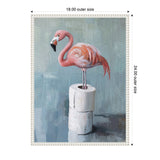 Painting of a pink flamingo standing on two stacked white toilet paper rolls against a textured blue-gray background, framed in a white decorative frame.