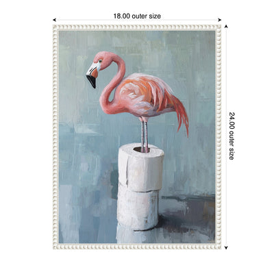 Sylvie Flamingo Standing with Toilet Paper Rolls Bathroom Art Framed Canvas by The Creative Bunch Studio