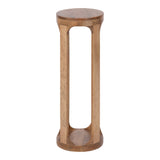 Tall, narrow wood drink table with open rectangular sides and round top and base in natural wood finish.