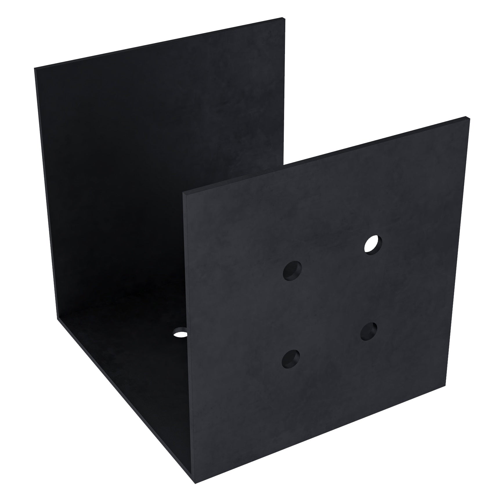 Steel pergola roof rafter bracket attached to a wooden post showing pre-drilled holes and hardware