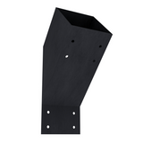Black steel pergola support bracket for 4x4 wood posts, showing corner installation