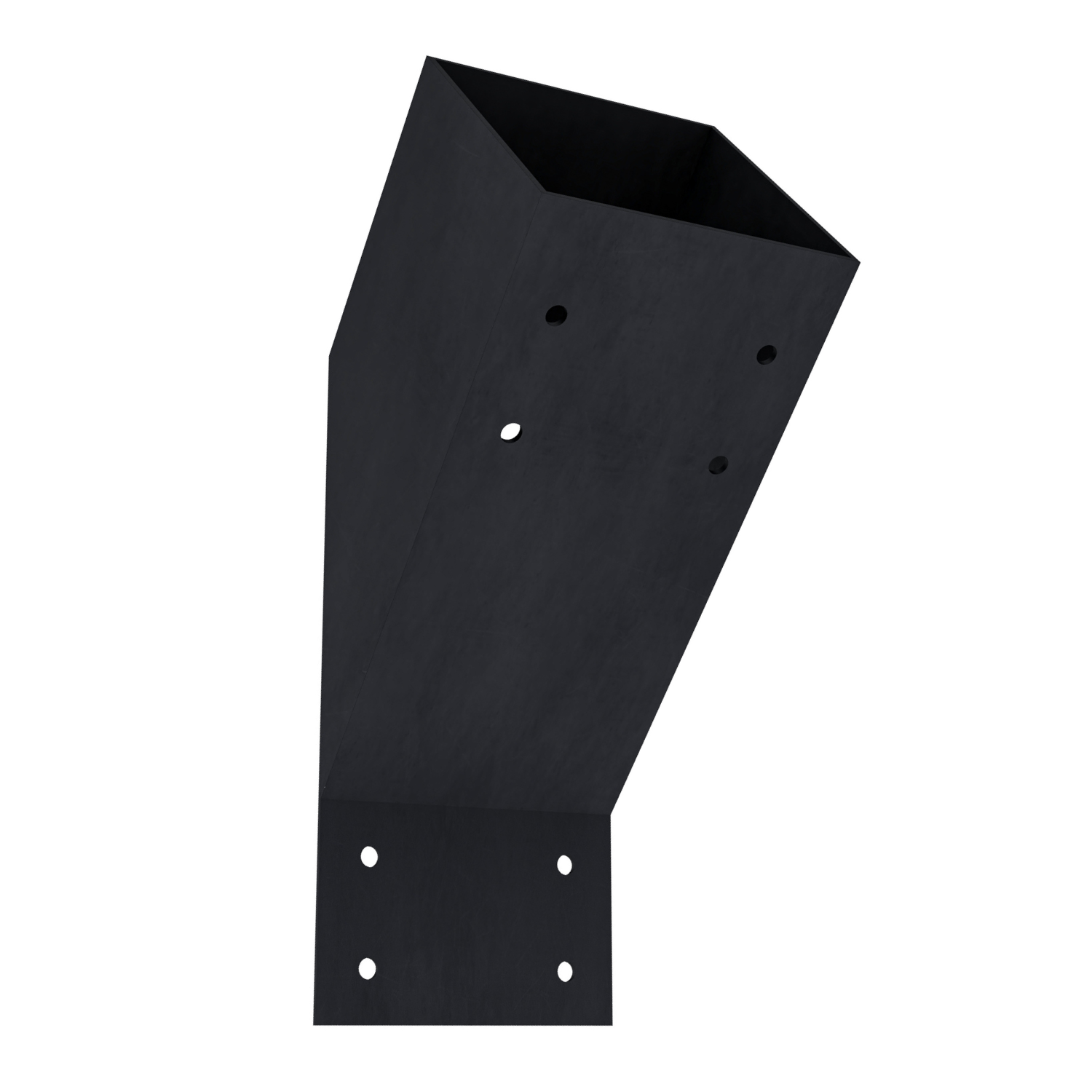Black steel pergola support bracket for 4x4 wood posts, showing corner installation