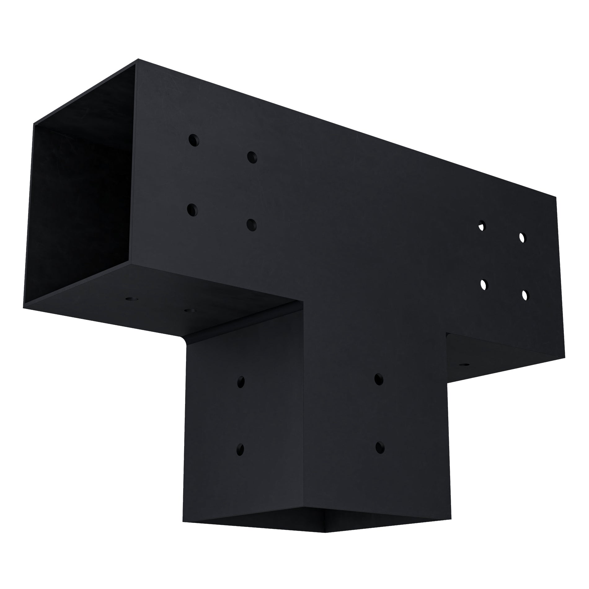 Metal 3-arm T bracket designed for 4x4 wood posts as part of pergola structure hardware by Zen Pergolas