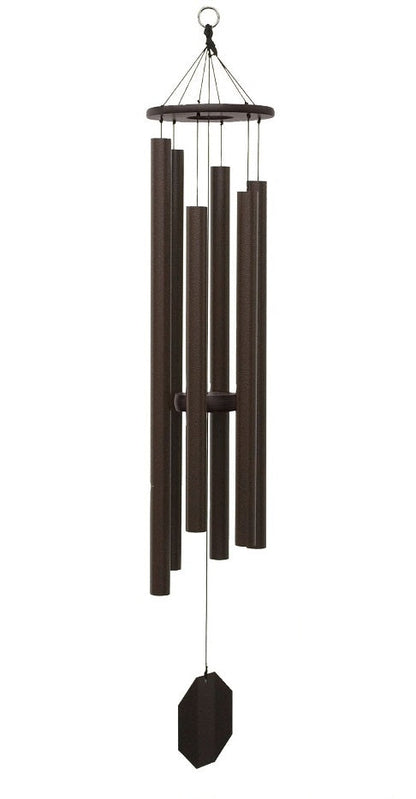 Amish handmade aluminum wind chimes in various sizes hanging outdoors