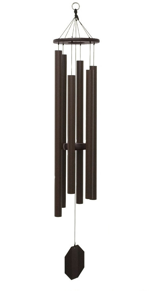 Amish handmade aluminum wind chimes in various sizes hanging outdoors