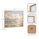 Seascape painting of waves and a cloudy sunset sky in a natural oak wood frame with gold finish, shown with dimensions and mounting hardware details.