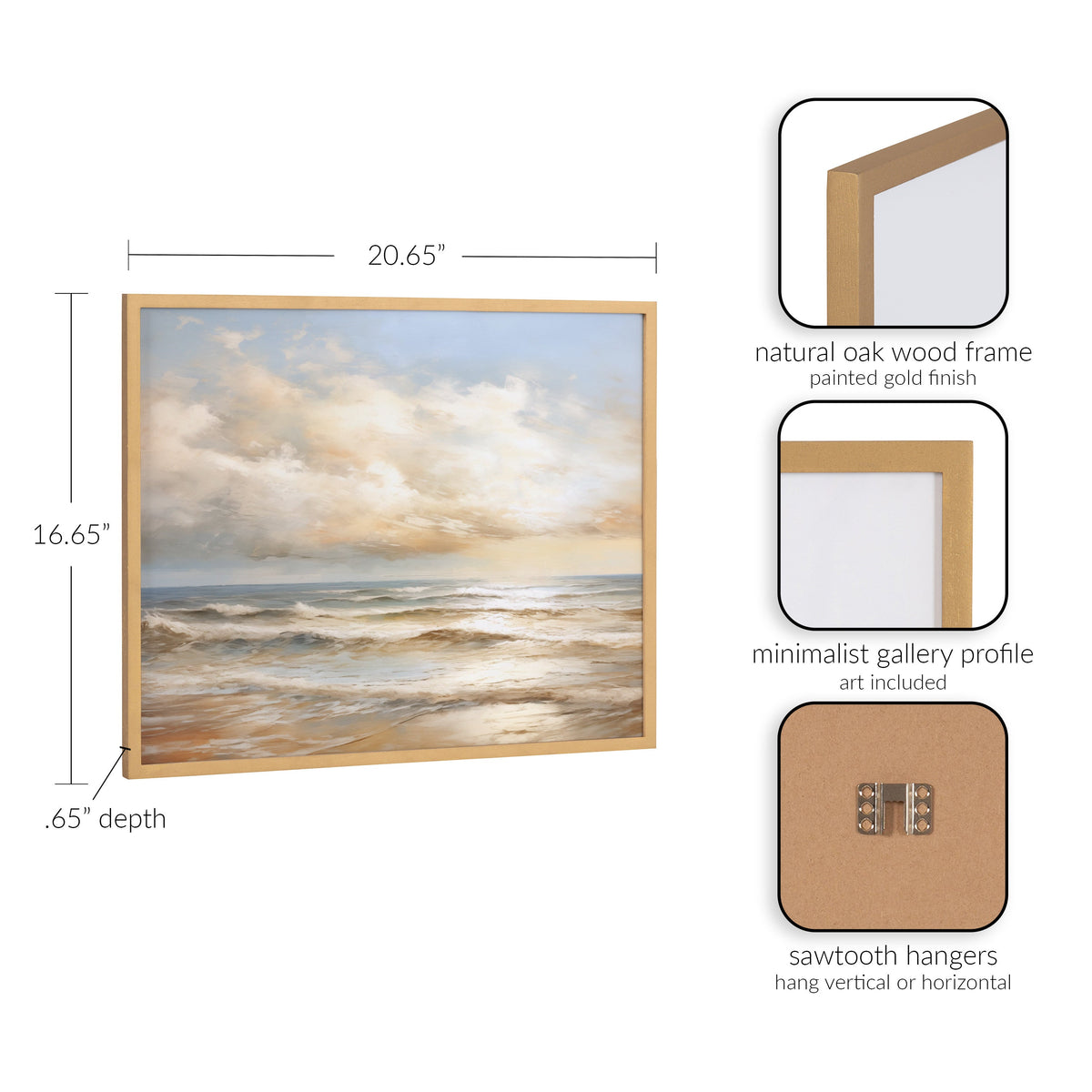Seascape painting of waves and a cloudy sunset sky in a natural oak wood frame with gold finish, shown with dimensions and mounting hardware details.
