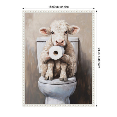 Sylvie Cute Cow Toilet Paper Roll Toilet Bathroom Art Framed Canvas