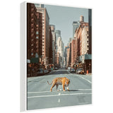 Tiger walking across a nearly empty city street lined with tall buildings under a clear sky, blending urban and wild elements in soft, natural light.