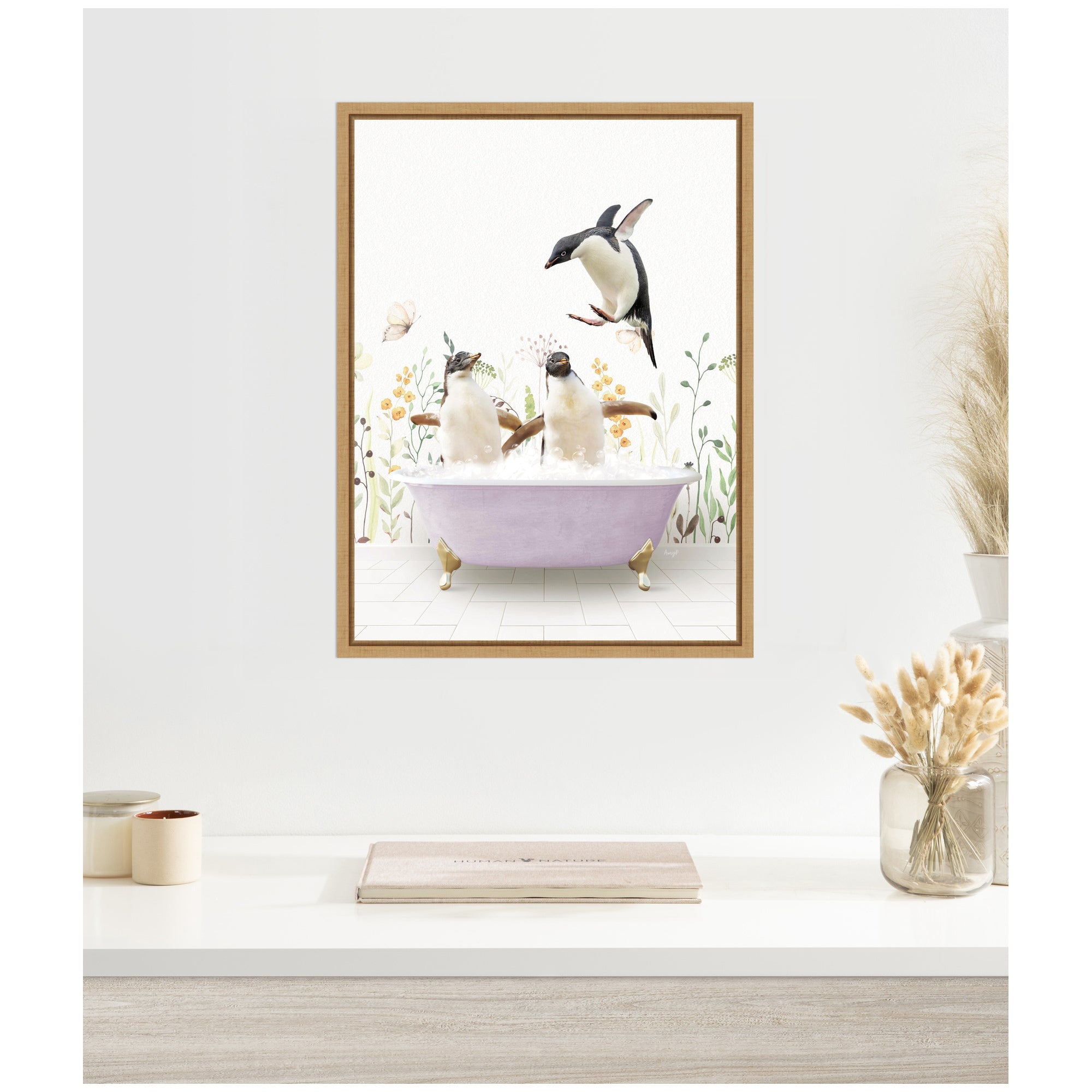 Sylvie Penguins in Spring Bathtub Framed Canvas by Amy Peterson