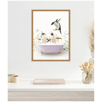 Sylvie Penguins in Spring Bathtub Framed Canvas by Amy Peterson