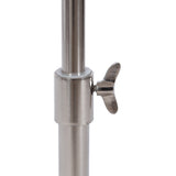 Close-up of a brushed metal adjustable pole with a butterfly winged tightening screw on white background.