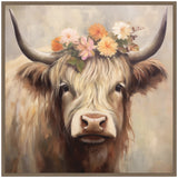 Portrait of a Highland cow with long cream and brown fur, adorned with a crown of pink, orange, and white flowers, against a soft beige background.