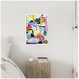 Abstract canvas with bold colors like blue, red, green, and yellow featuring organic shapes and brushstrokes, displayed on a white wall above a rustic wooden nightstand.