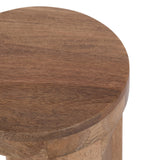 Close-up of a round wooden table top showing smooth natural grain and warm brown tones with a slightly beveled edge.