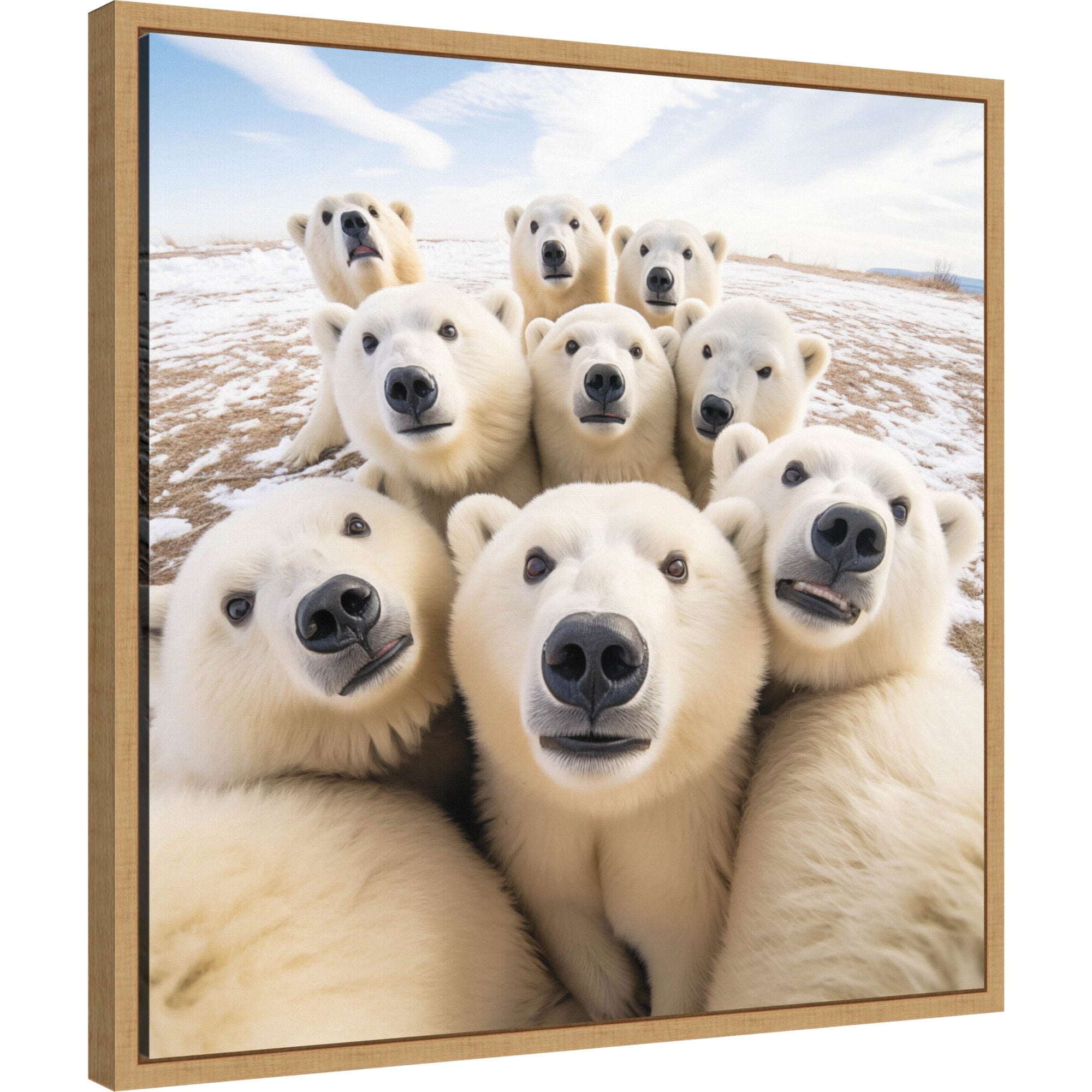 Framed canvas art of a polar bear taking a selfie with a playful expression