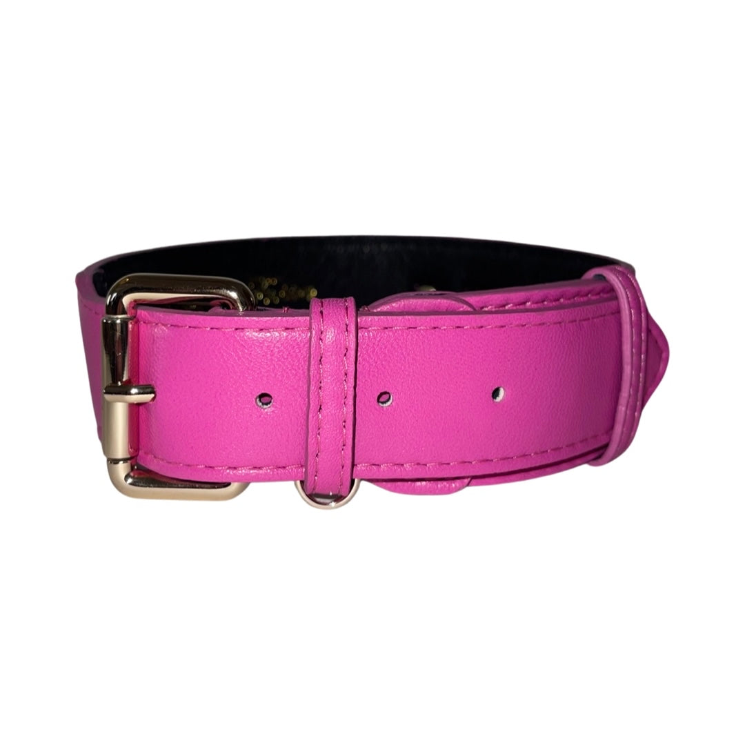 Classic Fuchsia Italian Leather Collar displayed flat showing vibrant pink hue and leather texture