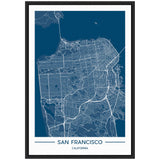 Map of San Francisco with white streets on a regal blue background, framed in black with white border and labeled 'San Francisco, California' at bottom.