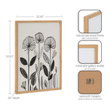 Black and white linocut botanical print featuring stylized flowers and leaves in a natural oak frame with sawtooth hangers for vertical or horizontal mounting.