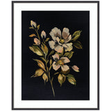 Framed painting of beige and soft pink flowers with green leaves on a deep black background, creating a moody and elegant floral composition.
