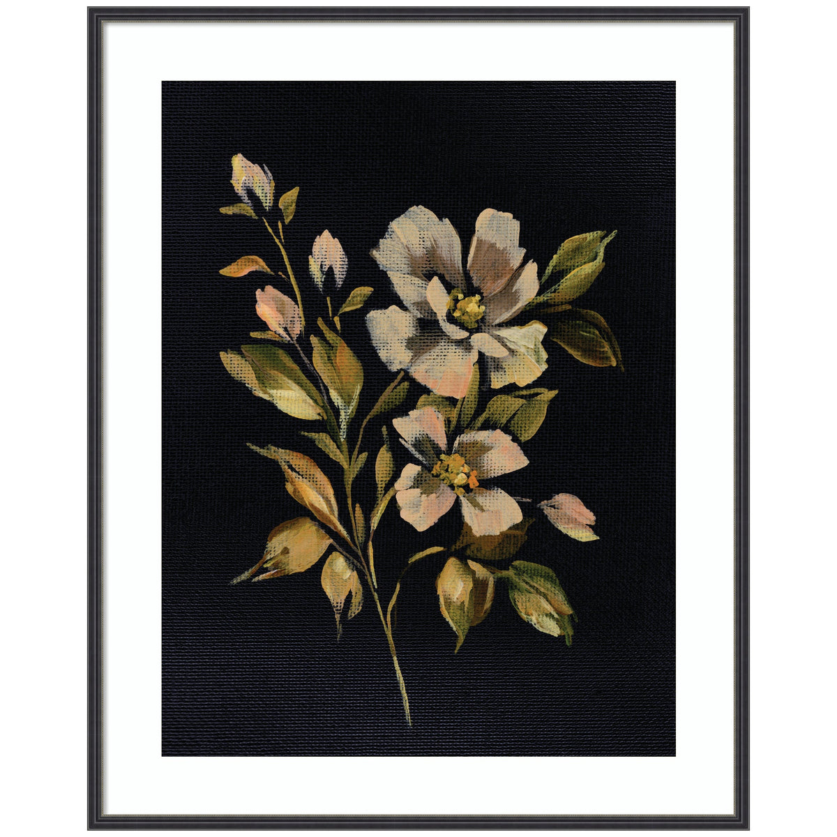 Framed painting of beige and soft pink flowers with green leaves on a deep black background, creating a moody and elegant floral composition.