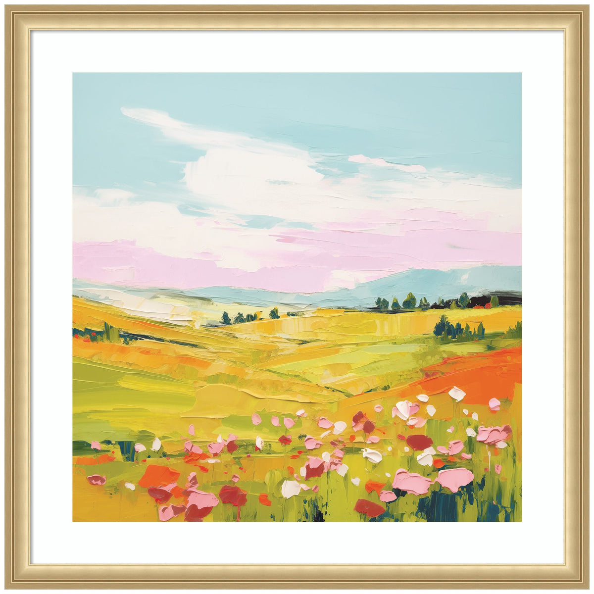 Colorful impressionist landscape painting featuring rolling yellow-green hills, clusters of pink and red flowers in the foreground, and a soft blue sky with white clouds.