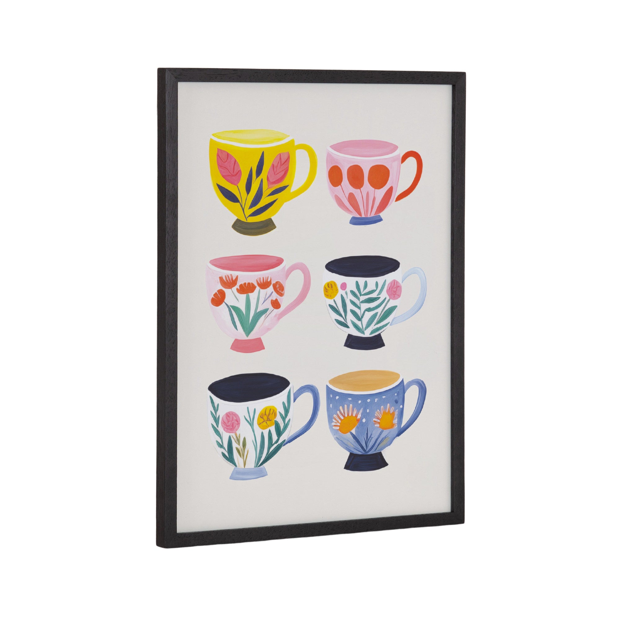 Framed botanical artwork depicting coffee shop tea cups in gallery wood frame