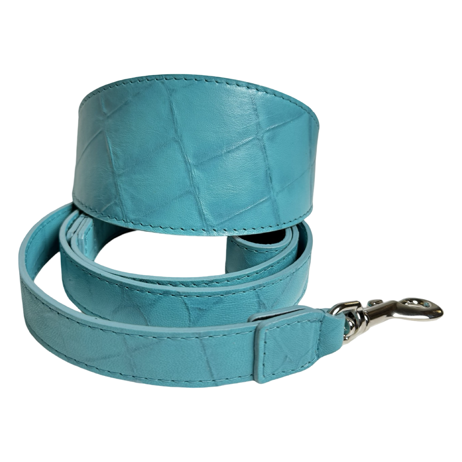 Turquoise blue embossed crocodile Italian leather dog collar with silver hardware