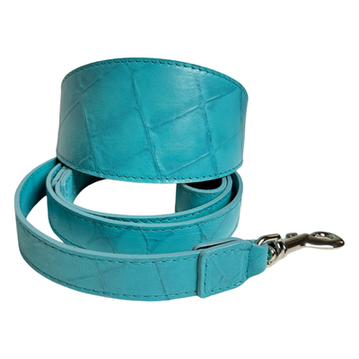 Turquoise blue embossed crocodile Italian leather dog collar with silver hardware