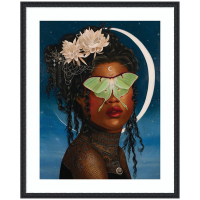 Framed wall art print titled Luna Ascending by Charlotte Brindley showing abstract ascending shapes in muted tones with black frame