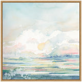 Abstract watercolor landscape with soft pastel blues, pinks, and greens blending into cloud-like formations and horizontal streaks, framed in light wood.
