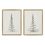 Two minimalist black ink sketches of slender evergreen trees on white canvas, each framed with simple light wood edges, shown side by side.