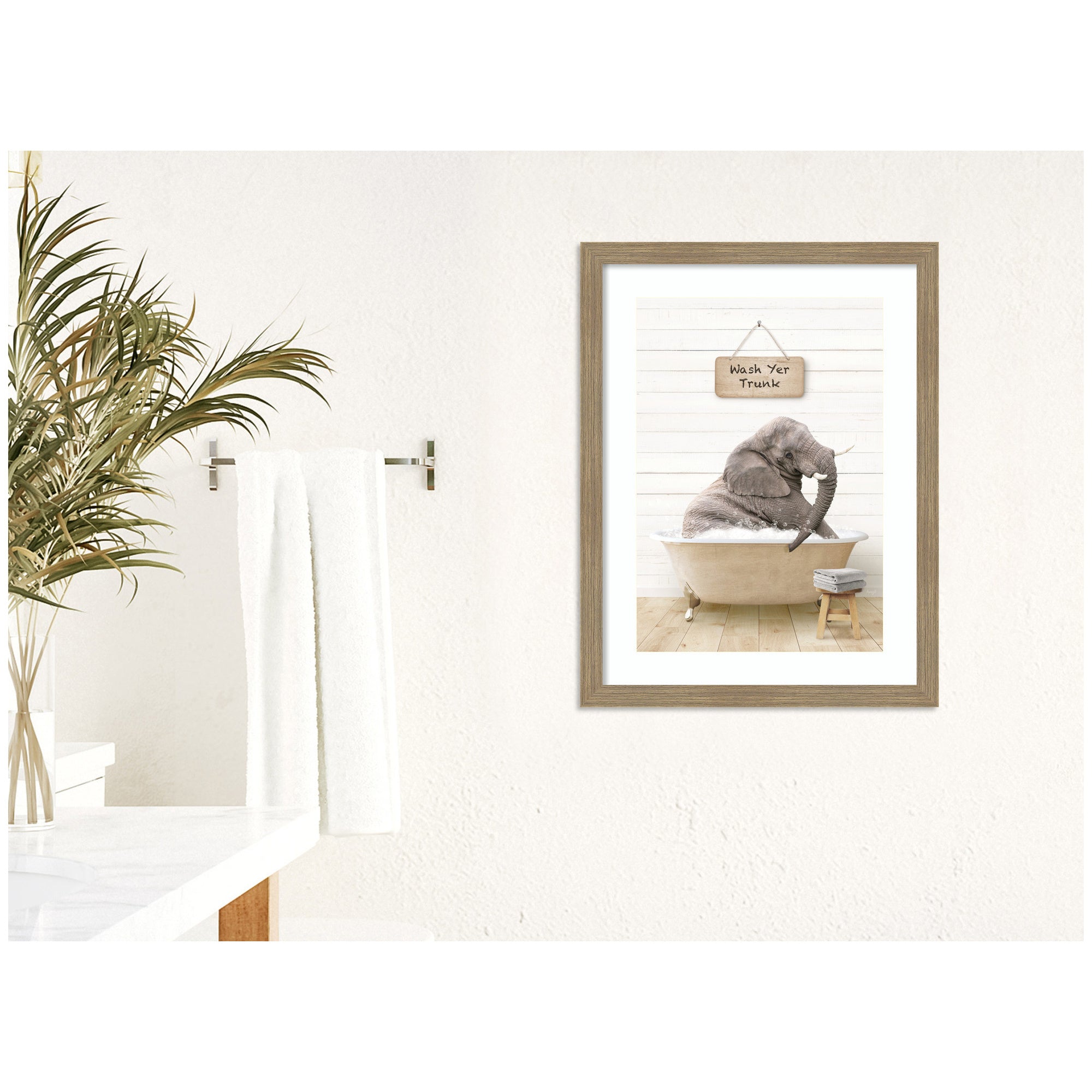 Young Elephant in Modern Bathtub Wash Your Trunk by Amy Peterson Framed Wall Art Print