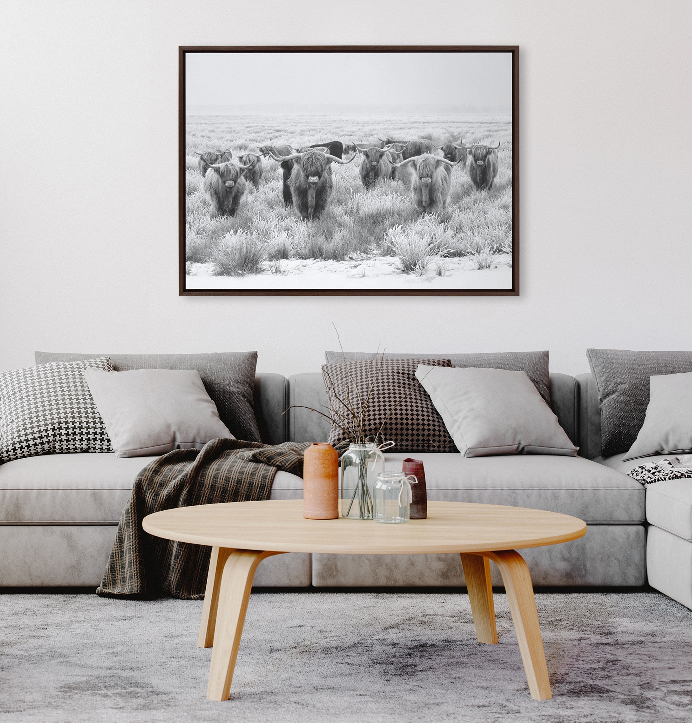 Sylvie Herd of Highland Cows Black and White Framed Canvas by The