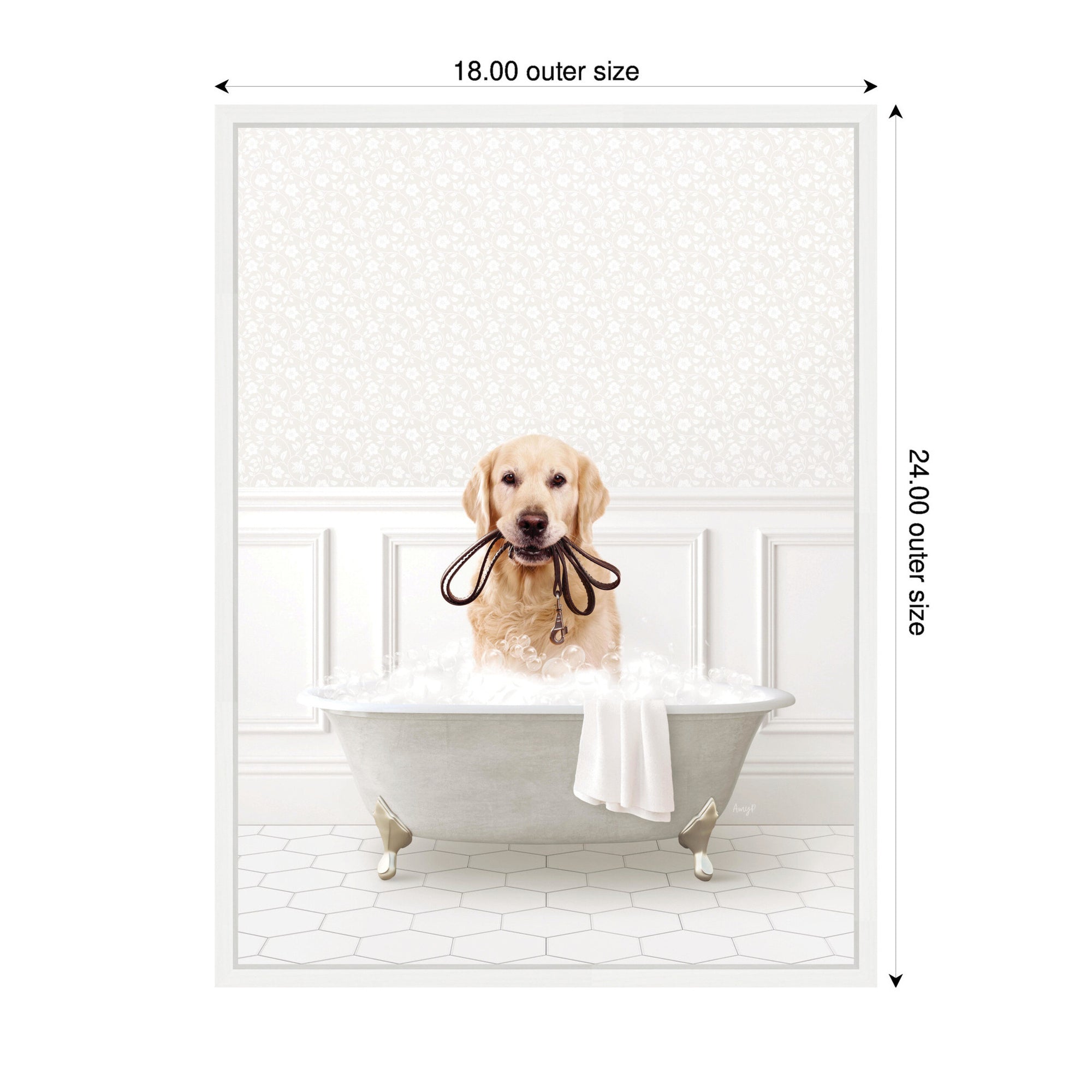 Sylvie Golden Retriever in White Bath Framed Canvas by Amy Peterson
