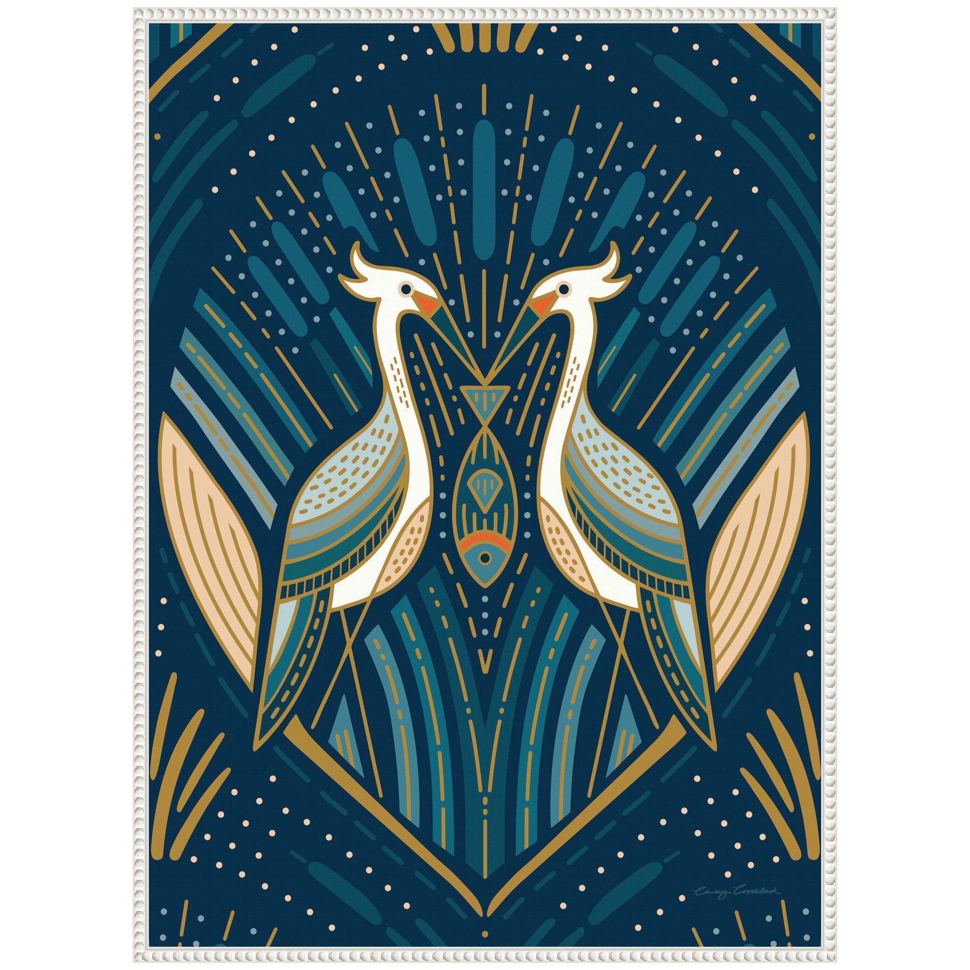 Sylvie Art Deco Herons Blue Framed Canvas by Carey Copeland