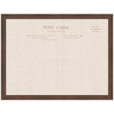 Rectangular framed fabric pinboard designed like a vintage linen postcard with sepia-toned text and a brown wood frame