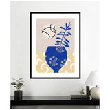 Framed wall art print featuring a blue vase with beige floral designs holding a leafy branch, set against beige and light purple geometric backgrounds with abstract accents.
