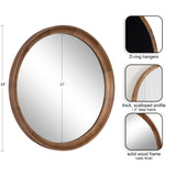 Round wall mirror with a 1.5-inch thick solid wood frame featuring a rustic finish and scalloped profile, including D-ring hangers on the back.