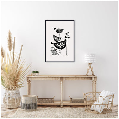 Sylvie Folk Bird Family Trio Linocut Framed Canvas by Giuliana Lazzerini
