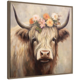 Framed painting of a highland cow with long cream and brown fur wearing a crown of orange, pink, and white flowers against a soft beige background.