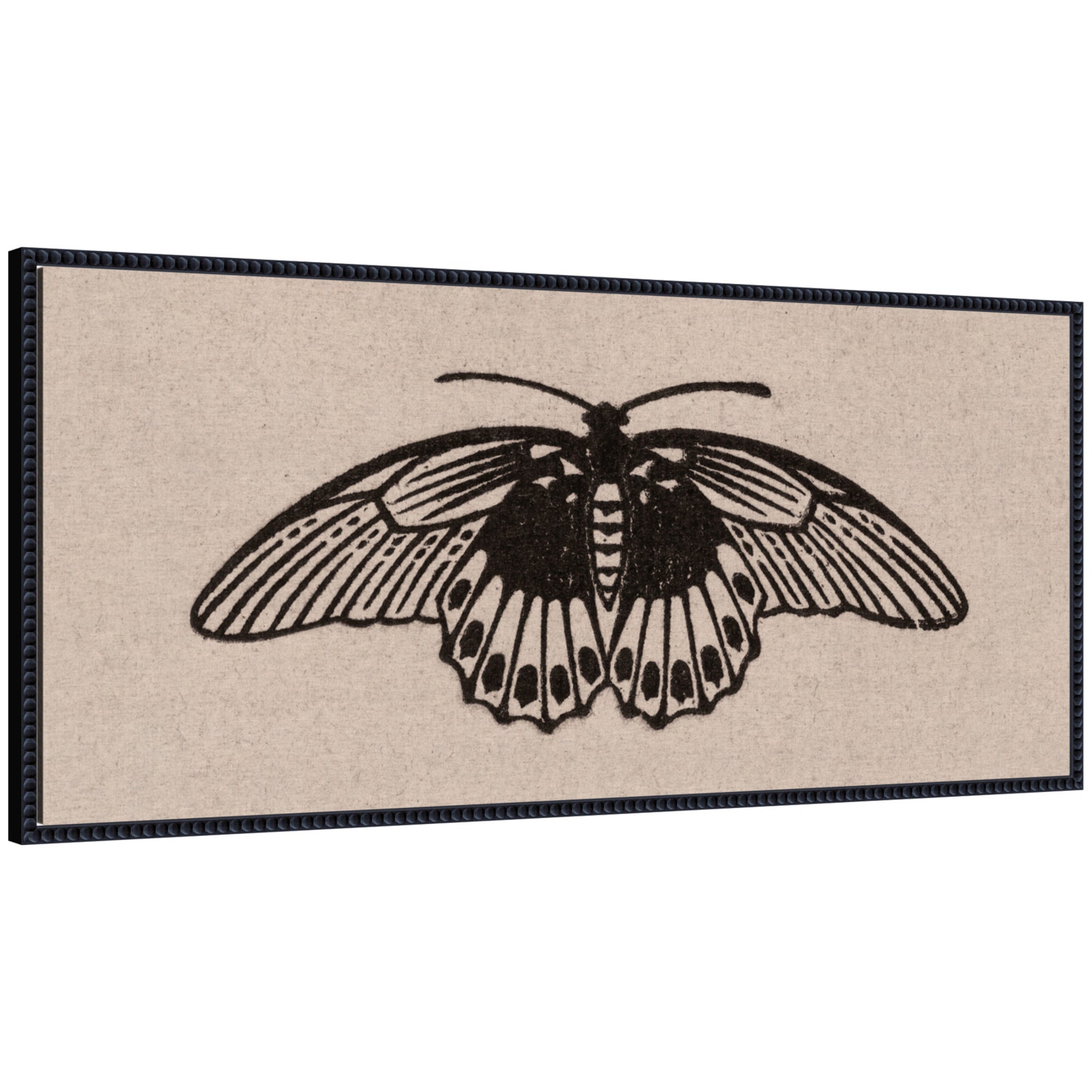 Framed canvas wall art of Vlinder 1901 05 04 Julie de Graag on neutral linen panel in black beaded frame