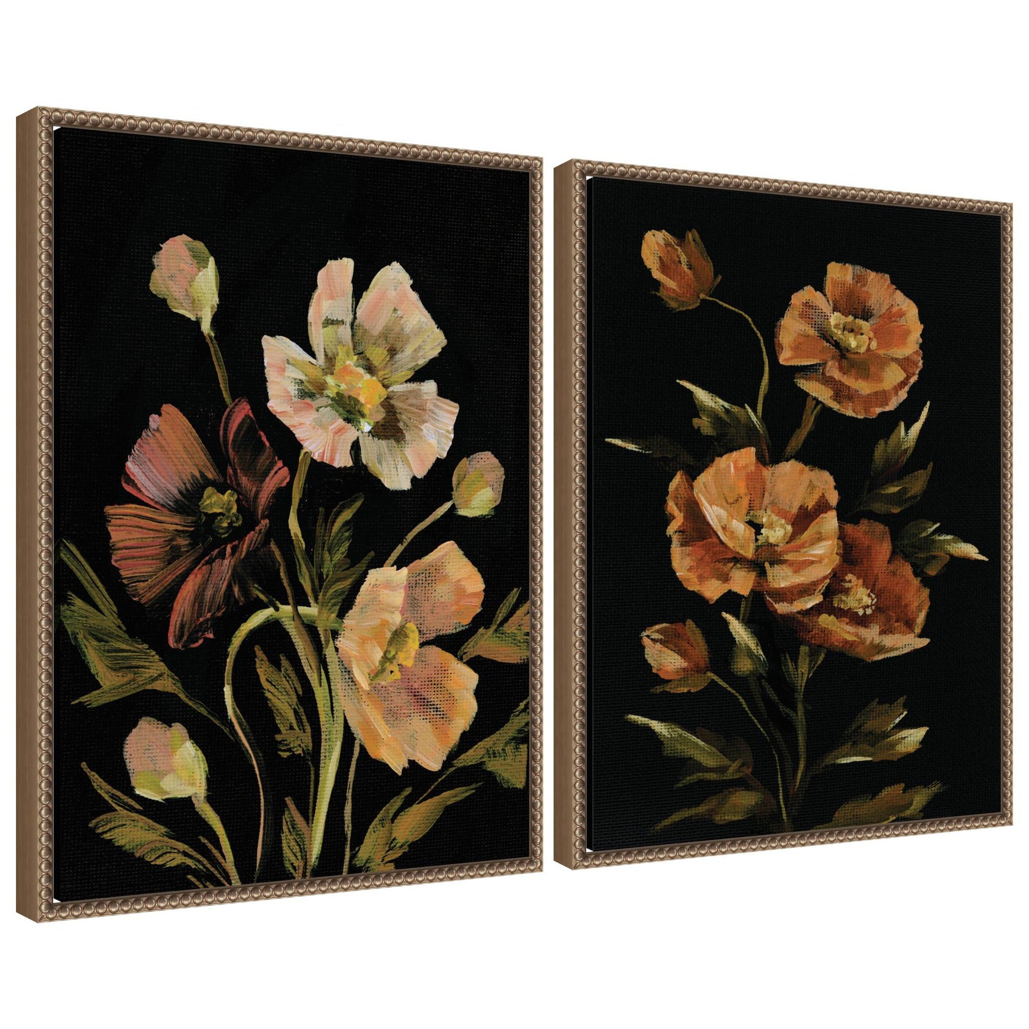 Sylvie Beaded Moody Floral 5 and 6 framed canvas art set showing two framed floral prints with vintage beaded frames hung on a wall