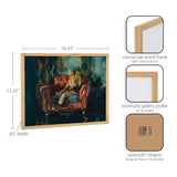 Framed portrait of a lion resting on a red armchair with a dark green and blue abstract background, enclosed in a light natural oak wood frame